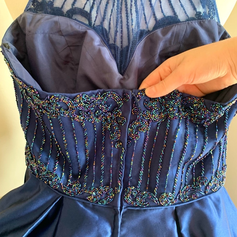 Sherri Hill Royal Blue Halter NeckFormal Prom Ballgown Dress with Beaded Accents - Picture 8 of 9